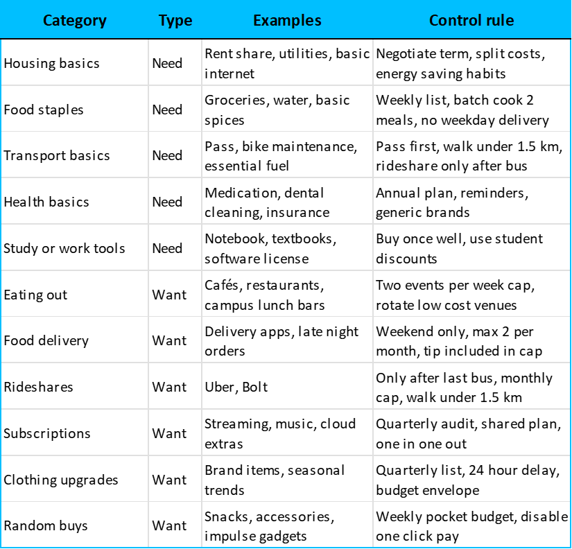 Needs vs Wants examples with control rules