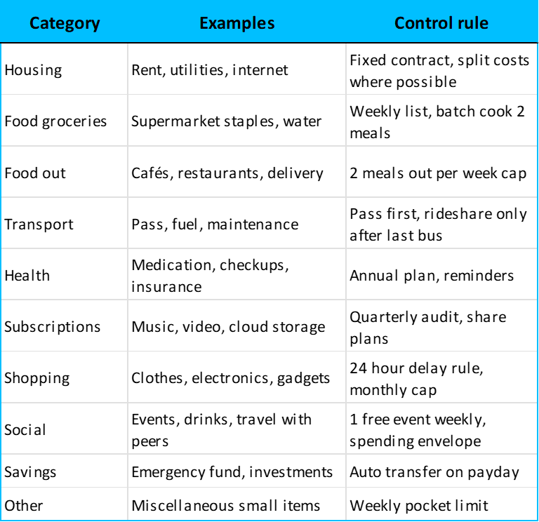 Money tracking categories with control rules